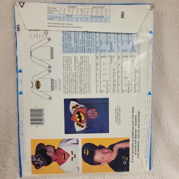 VTG Butterick 1989 BATMAN Iron-On Transfer Kids Sweatshirt Pattern #985✨️NIP - Picture 3 of 16